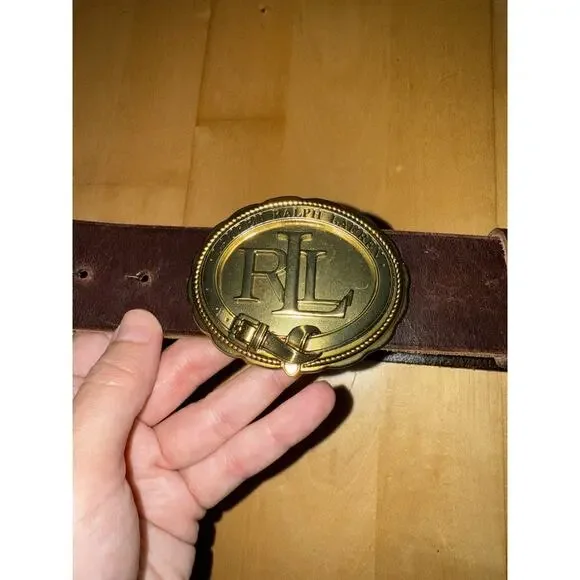 Ralph Lauren RL Oval Circle Logo Buckle Western Leather belt Brown M - Picture 3 of 5
